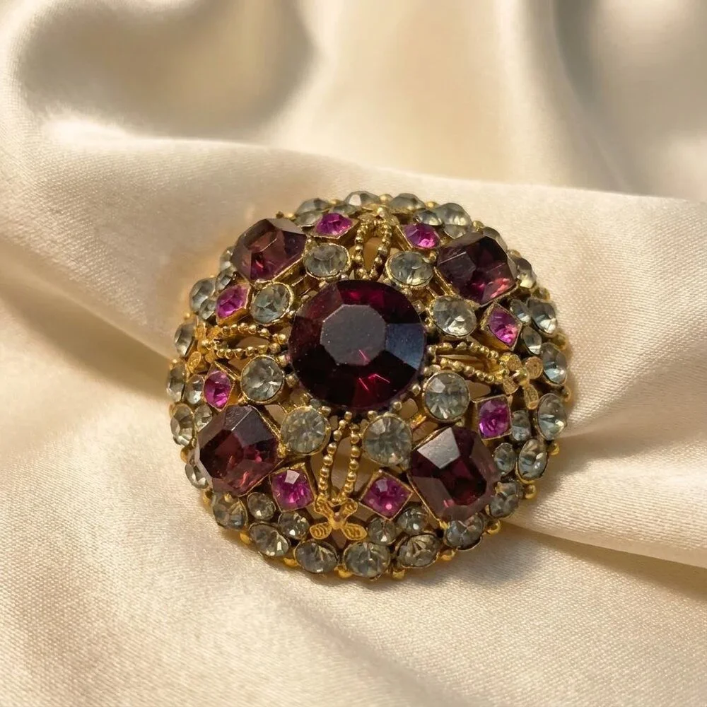 Capri Rhinestone Dome Brooch Gold Tone Deep Garnet Pink Statement – 1.9”